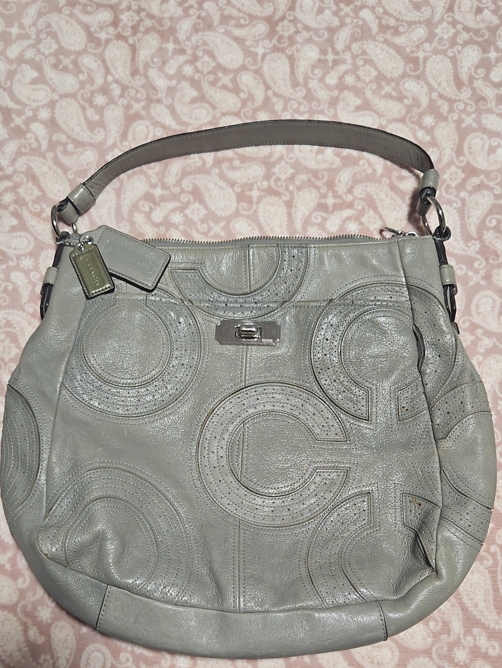 Coach Light Gray Perforated Circle Leather Shoulder Bag